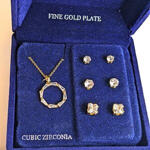 NWT Danecraft CZ Circle Pendant & 3 Pair Stud Earring Set Gold Plated